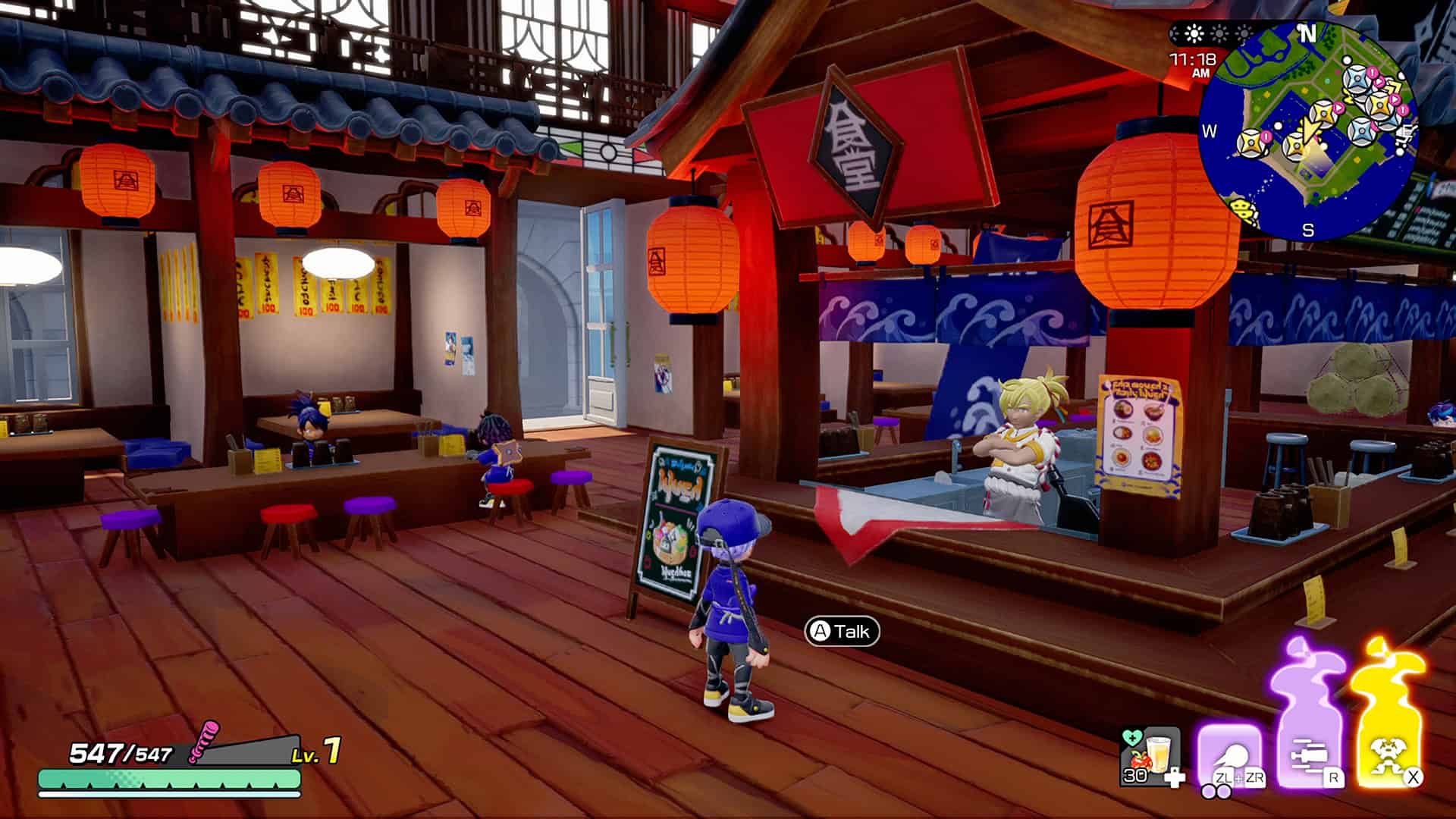 Ninjala 2 Screenshot_2 | The Outerhaven In-game Japanese-style food hall with hanging orange lanterns, wooden beams, and players seated at long tables behind the counter.