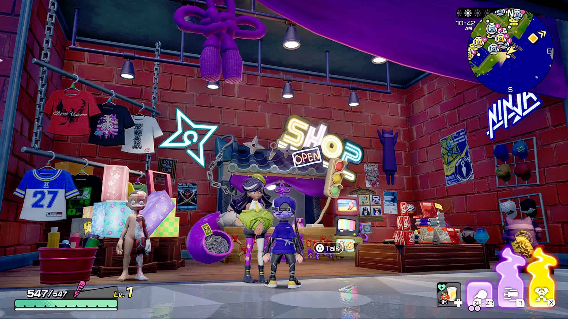 Ninjala 2 Screenshot_3 | The Outerhaven Colorful, cluttered arcade shop scene with neon signs, shirts on racks, and two stylized characters at the counter.