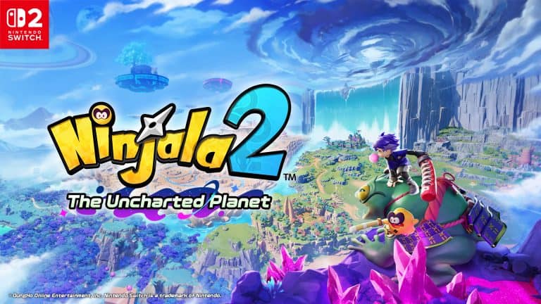 Ninjala 2 Uncharted Planet | The Outerhaven Cover art for Ninja 2: The Uncharted Planet on Nintendo Switch, showing a purple-haired rider on a creature over a vibrant, fantastical landscape with a red Switch logo in the corner.