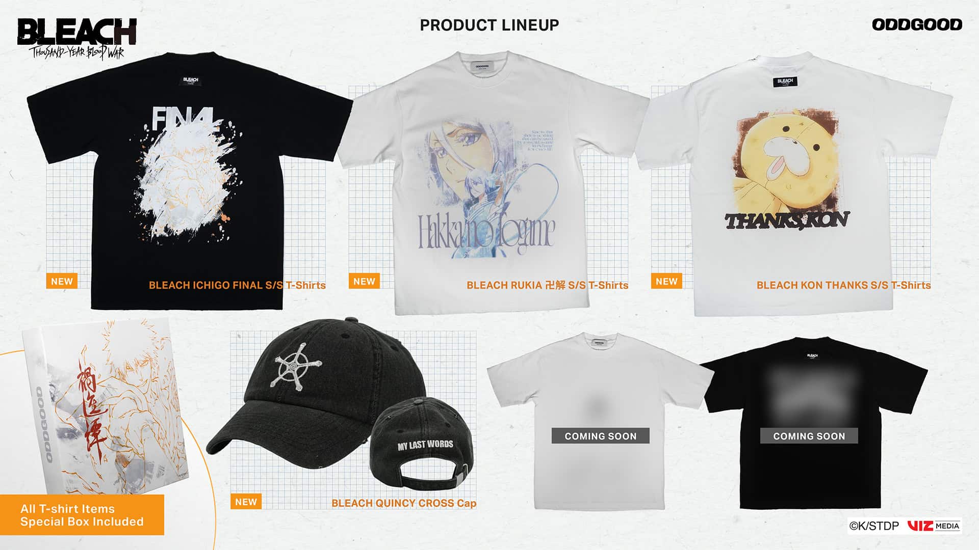 ODDGOOD | The Outerhaven Bleach product lineup showing three graphic T‑shirts on a light grid background: black Ichigo final shirt, gray Rukia artwork shirt, and white Kon Thanks shirt (all labeled NEW).