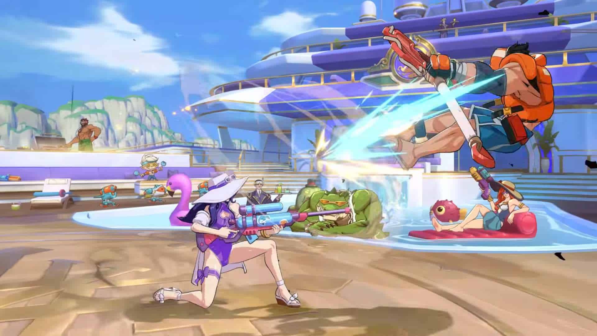 Pool Party and Pool Party Nights Megabundles _ New Skins - 2XKO 0-20 screenshot | The Outerhaven Cartoon poolside battle scene: a female character in a purple wetsuit fires a blue water gun while a large man in orange leaps toward enemies near the pool.