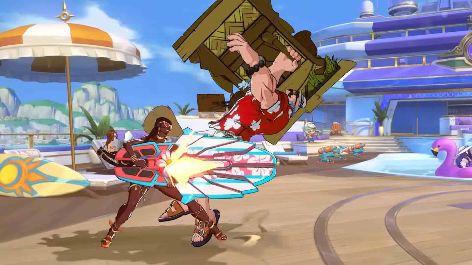 Pool Party and Pool Party Nights Megabundles _ New Skins - 2XKO 0-48 screenshot | The Outerhaven Two players in a sunny tropical resort duel as a large wooden crate drops between them, surfboards and water guns nearby.