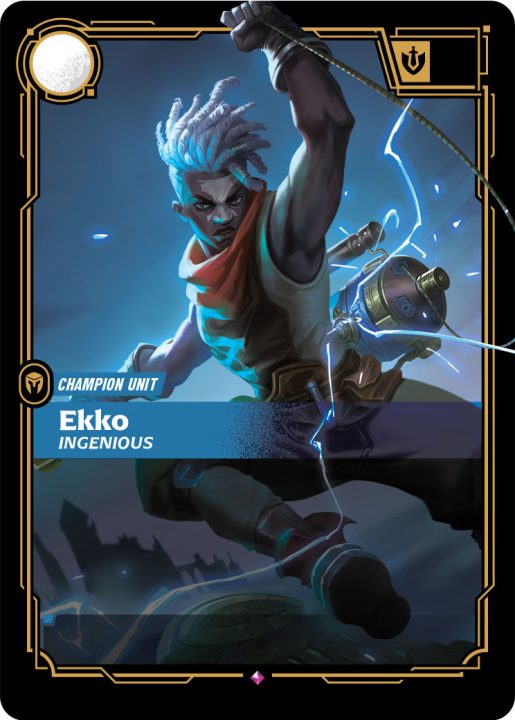 Radiance-Ekko-Ingenious-textless | The Outerhaven Ekko Ingenious from Champion Unit in mid‑air, blue energy arcs around him on a gold-bordered card.
