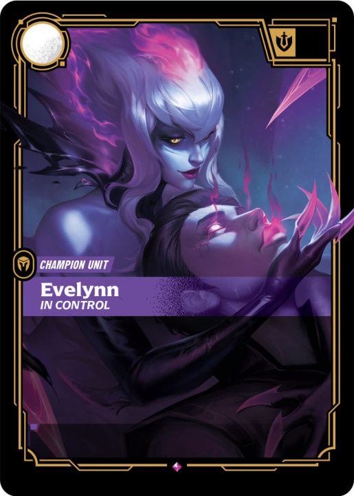 Radiance-Evelynn-InControl-Textless | The Outerhaven Collectible game card featuring Evelynn in control with a purple-blue fantasy artwork and a gold frame.