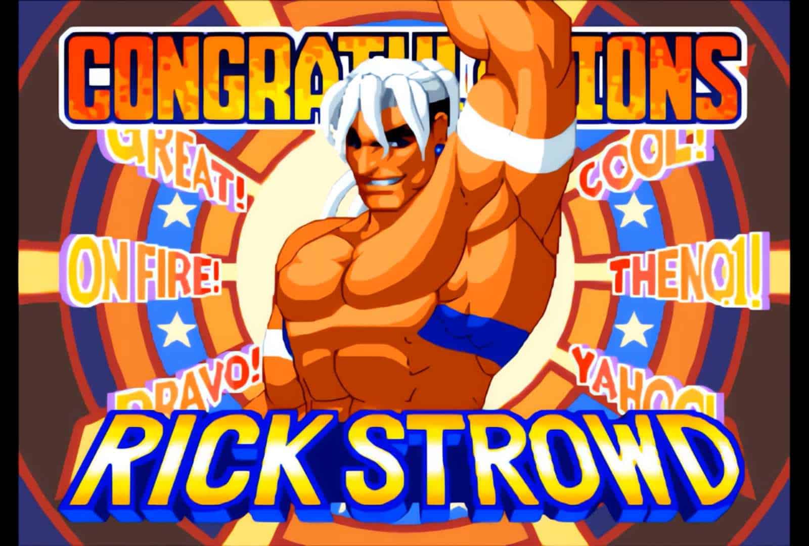 Colorful congratulatory poster featuring a muscular cartoon character raising a fist with bold yellow-and-orange text that reads 'CONGRATULATIONS' and 'RICK STROUD' at the bottom.