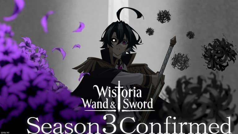 S3 Sayaka Ono Commemorative KV | The Outerhaven Dark-haired anime hero with a drawn sword stands in a grayscale scene, purple flowers in the foreground, banner announcing 'Wistoria Wand & Sword' and 'Season 3 Confirmed'.