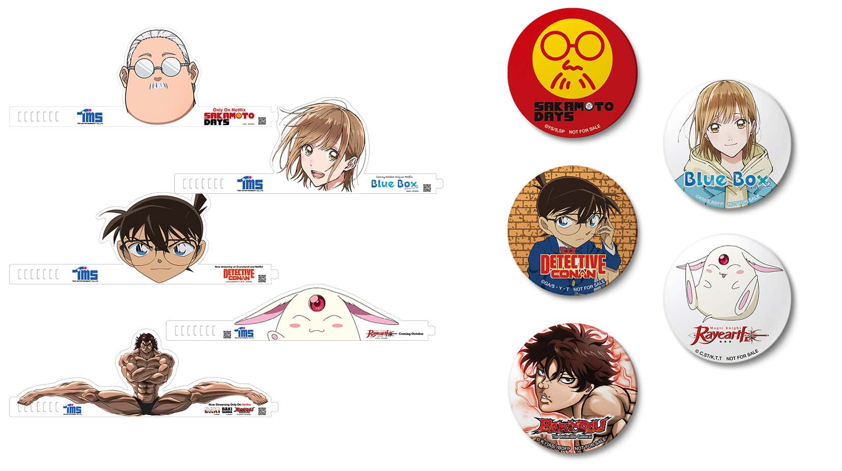 Sakamoto | The Outerhaven Collage of anime character cutouts attached to white strips on the left and round collectible buttons on the right with titles like Detective Conan, Blue Box, and Bakouyu posters.
