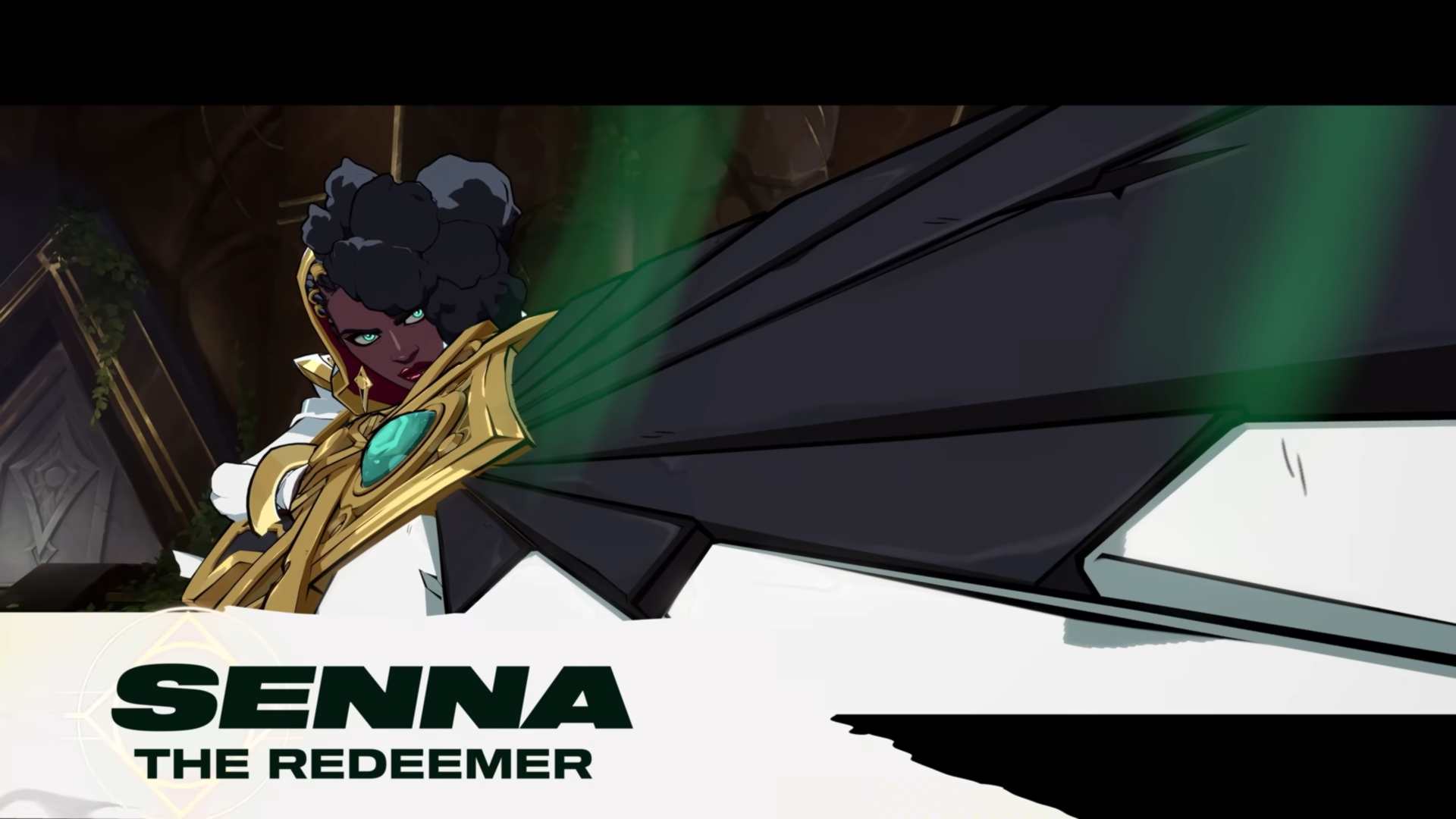 Senna Gameplay Reveal Trailer _ 2XKO 0-5 screenshot | The Outerhaven Animated illustration of a dark-skinned woman with teal eyes in ornate gold armor wielding a large blade, with 'Senna: The Redeemer' text below