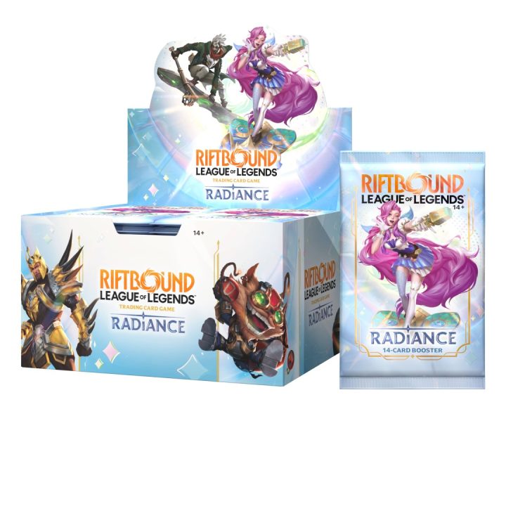 Riftbound: League of Legends Radiance booster box and a matching booster pack with colorful fantasy artwork of champions on the packaging.