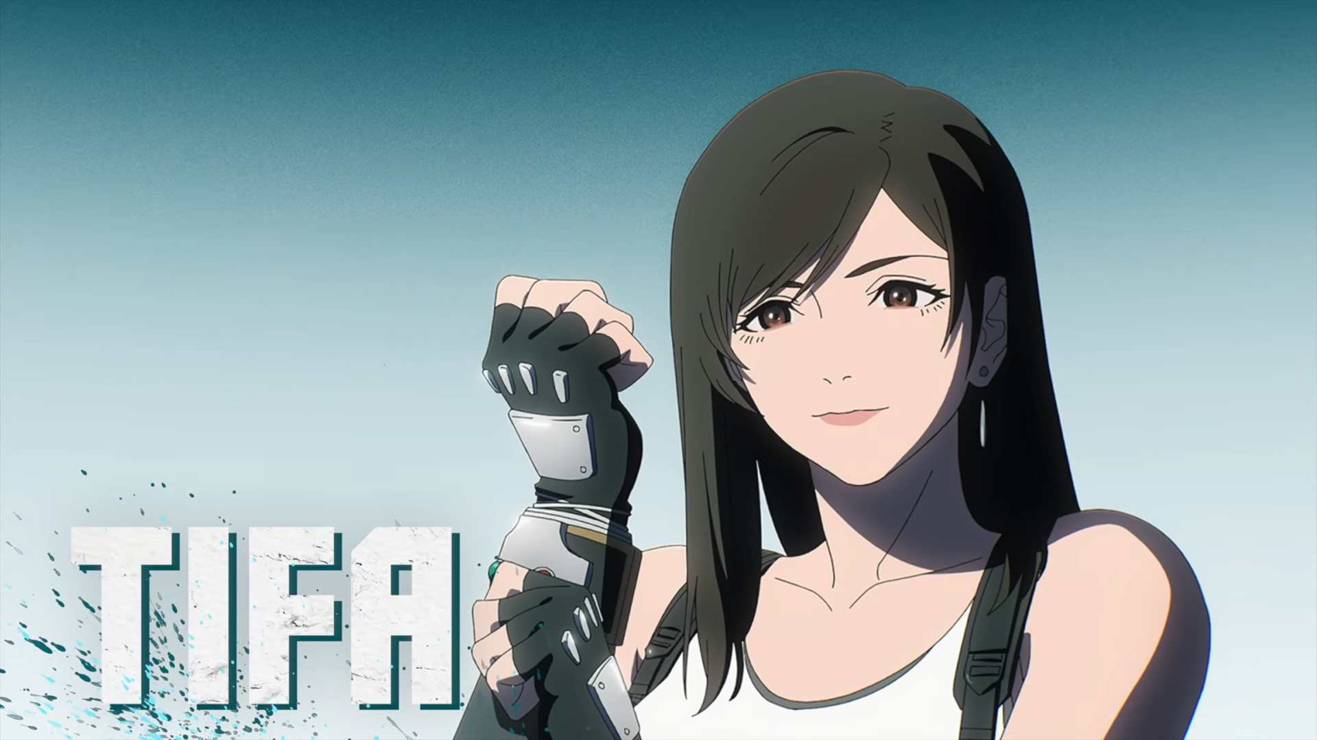 Street Fighter 6 - Year 4 Character Reveal Trailer feat Tifa FINAL FANTASY VII Remake Series 0-55 screenshot | The Outerhaven Anime-style woman with long dark hair, wearing armored gauntlets with blades, smiling against a teal gradient sky.