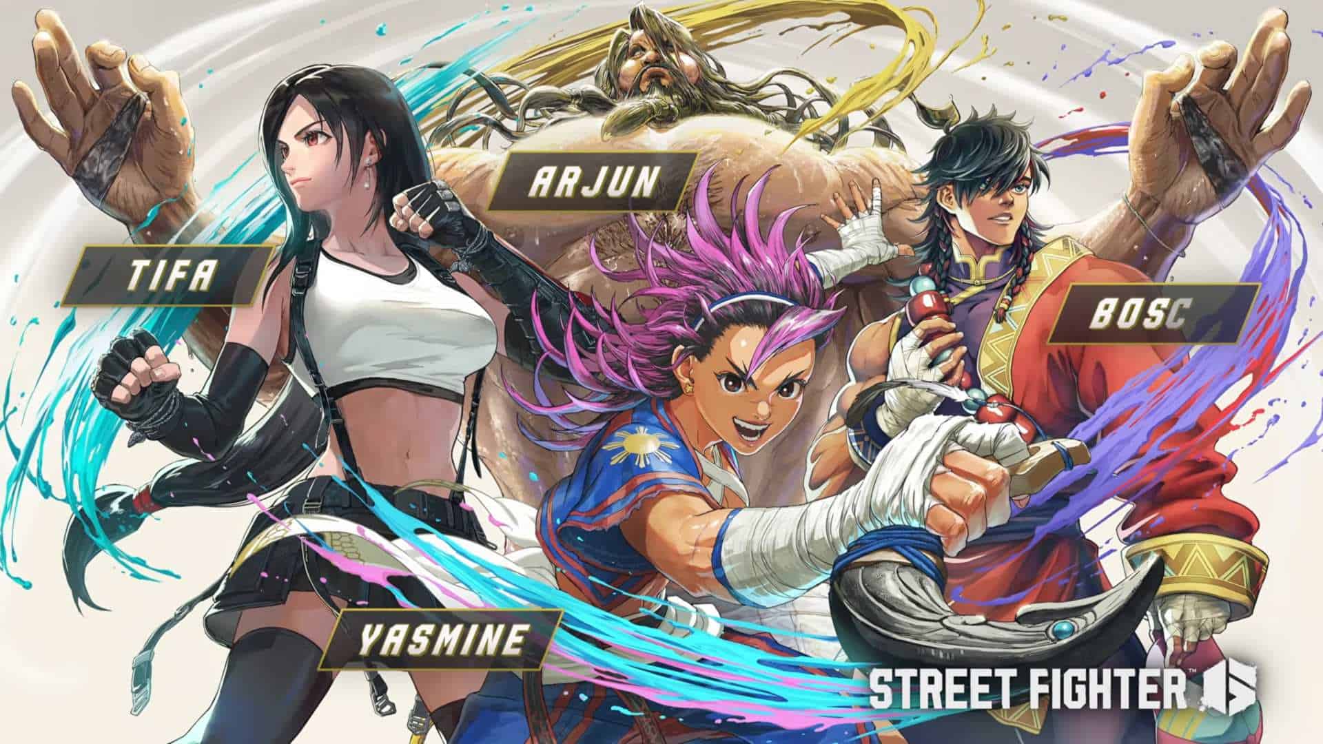 Group of four diverse fighters in mid-battle with colorful energy trails; labels read Tifa, Arjun, Yasmine, and Bosco on the banner.