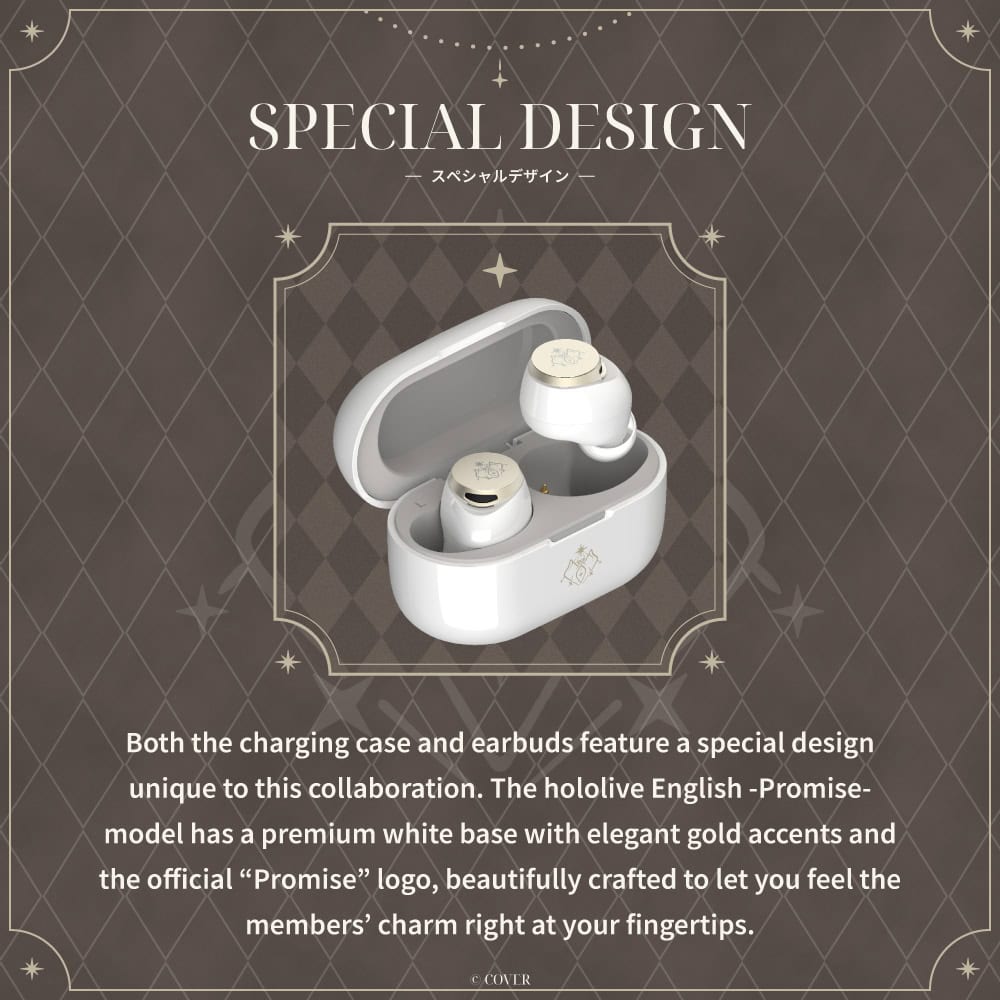 TE-V1R-HE3_carousel_04_1000x1000 | The Outerhaven Premium white wireless earbuds with gold accents in a matching charging case, displayed in an ornate framed ad titled 'SPECIAL DESIGN.'