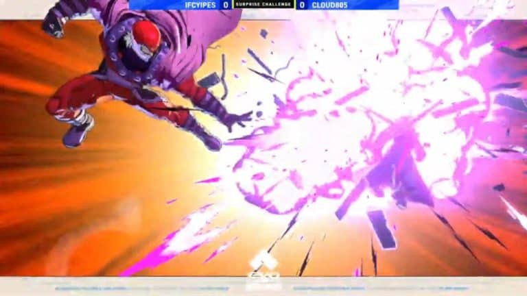 TOKON ▰ IFC Yipes Magneto Vs Cloud805 ExhibitionHigh-Level Matches Evo 2026 7-27 screenshot | The Outerhaven Fierce fighting game moment: a muscular fighter in red and purple leaps toward a massive pink energy blast.