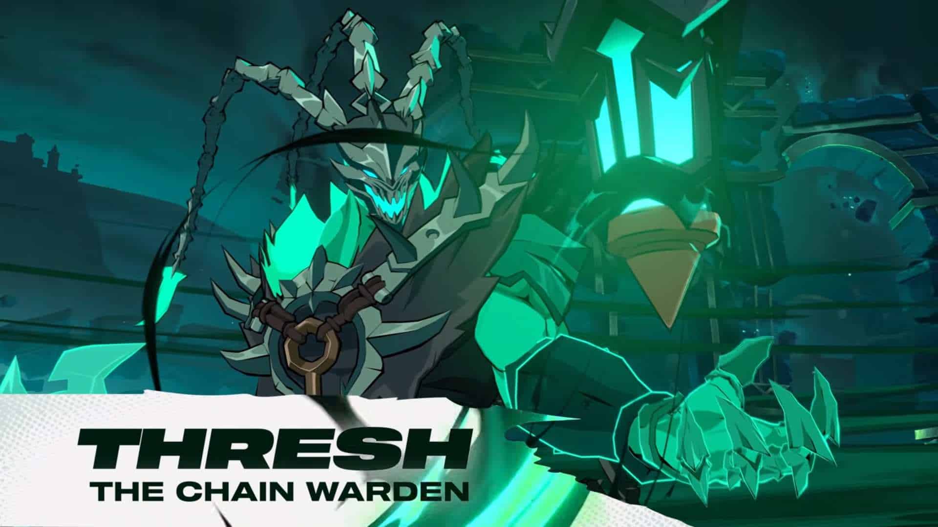 Thresh Gameplay Reveal Trailer _ 2XKO 0-6 screenshot | The Outerhaven Teal-glowing armored demon with jagged spikes and chained belt on a dark fantasy battlefield banner, introducing Thresh the Chain Warden