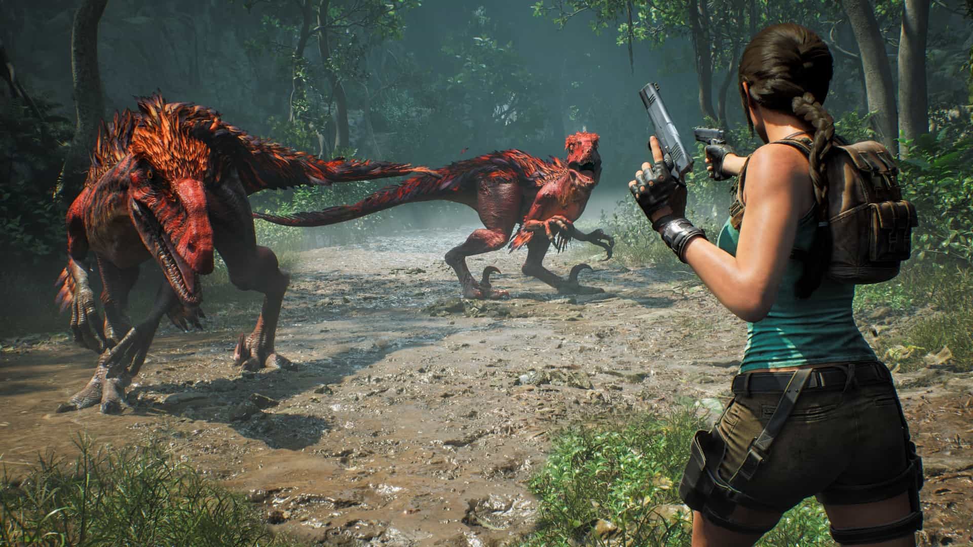 TombRaider_LegacyofAtlantis_LaraCroft_LostValley _RaptorFaceoff | The Outerhaven Lara Croft aiming her guns at velociraptors in Tomb Raider: Legacy of Atlantis