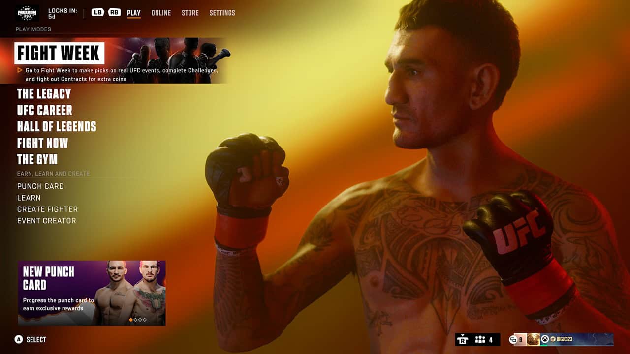 UFC6MM | The Outerhaven Male UFC fighter with tattoos raising fists on a yellow-orange background; left menu shows Fight Week options and a purple