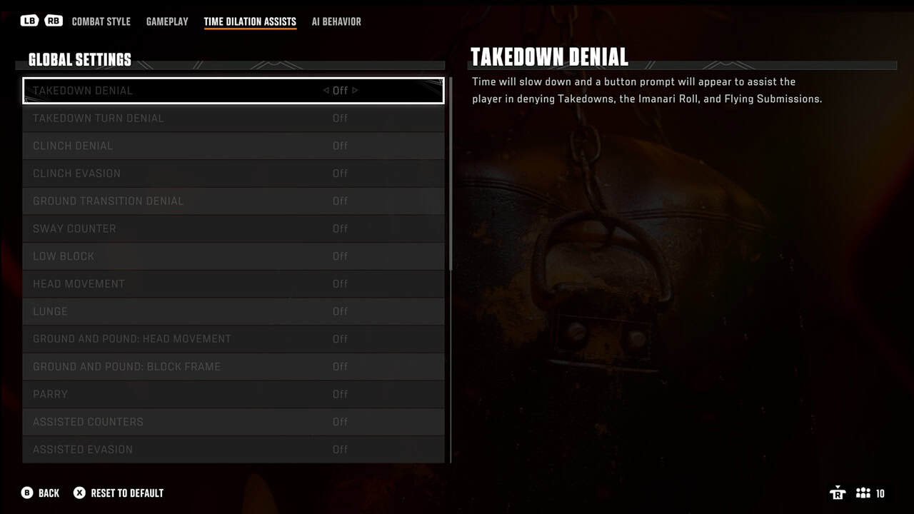 UFC6TDA | The Outerhaven Global Settings screen showing Takedown Denial and related off options on the left, with a Takedown Denial help panel on the right.
