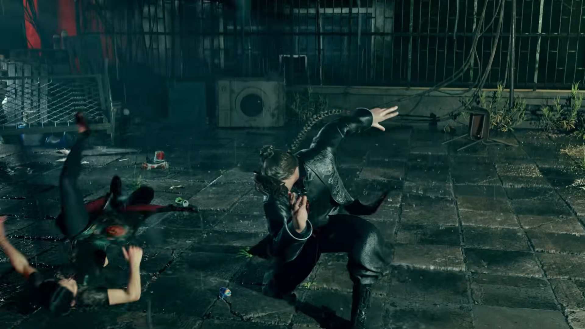 VIRTUA FIGHTER CROSSROADS_ Bakunawa Killer Announcement Trailer 0-43 screenshot | The Outerhaven People in dark clothing slip and fall on a slick, urban street at night amid debris and rain. A fence and a washing machine are visible in the background.