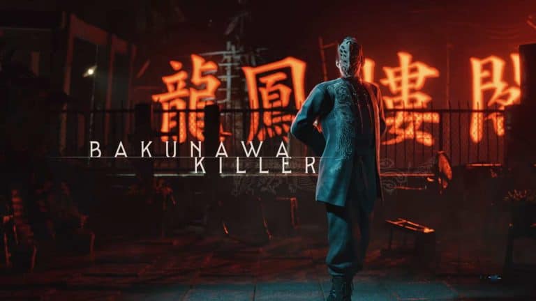 VIRTUA FIGHTER CROSSROADS_ Bakunawa Killer Announcement Trailer 0-56 screenshot | The Outerhaven Masked figure in a teal coat standing before glowing red kanji signs; title reads 'BAKUNAWA KILLER' across the foreground.