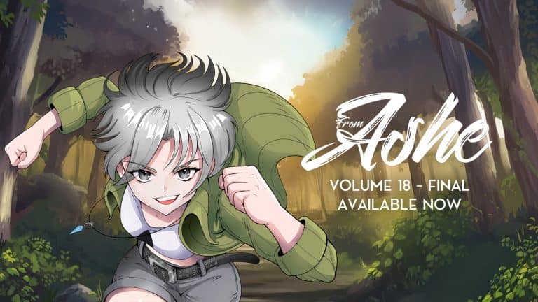 Anime-style banner showing a confident girl with gray hair sprinting through a sunlit forest; green jacket, text reads 'From Arc' and 'Volume 18 - Final Available Now'