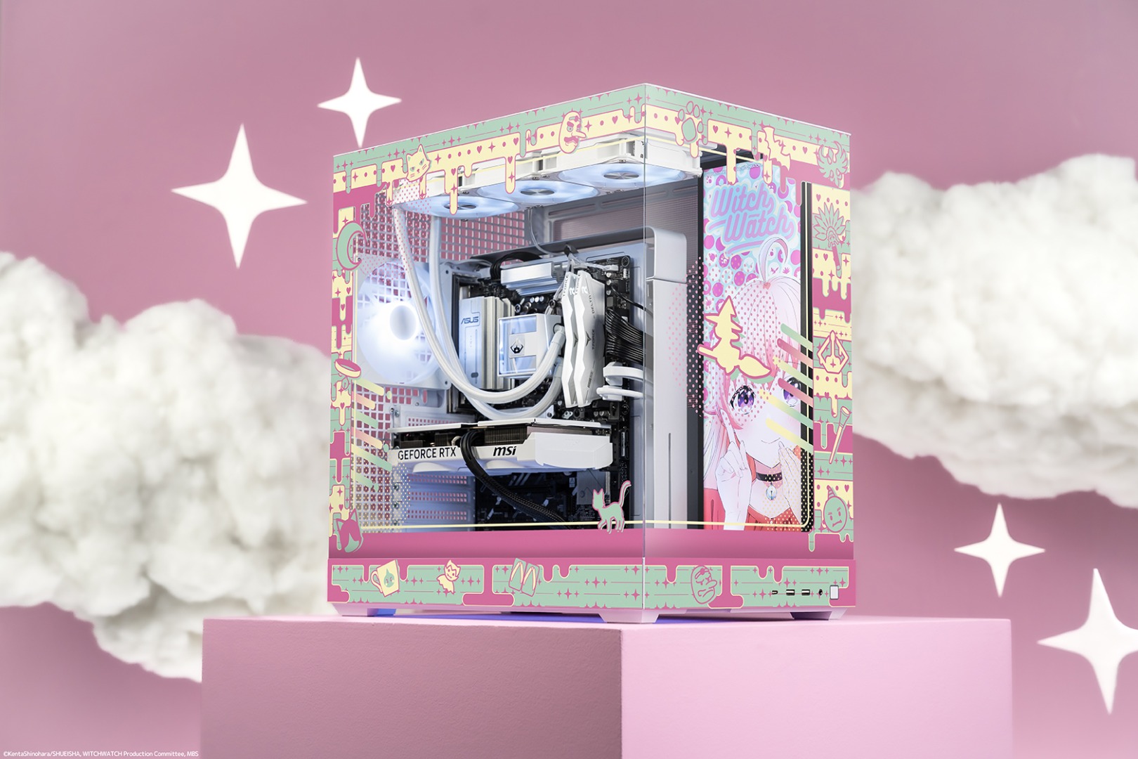 Witch Watch 1 | The Outerhaven Pastel pink anime-themed PC tower with visible internal hardware on a pink pedestal against a soft pink background with clouds.