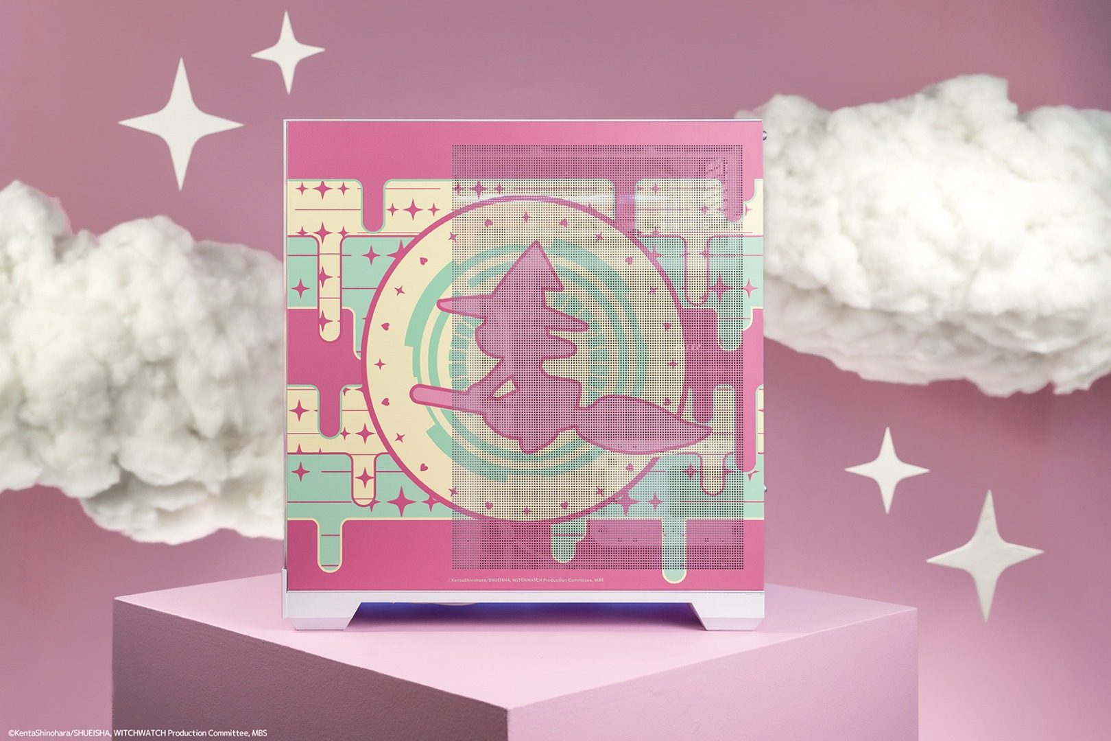 Witch Watch 2 | The Outerhaven Pink decorative packaging with retro geometric patterns and a stylized pine tree inside a circle on a pastel pink pedestal.