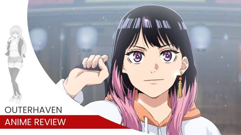akane banashi | The Outerhaven Close-up of an anime girl with pink-tipped hair and purple eyes, smiling, wearing a white hoodie; grayscale full-body sketch on the left edge and a red 'ANIME REVIEW' banner bottom left.