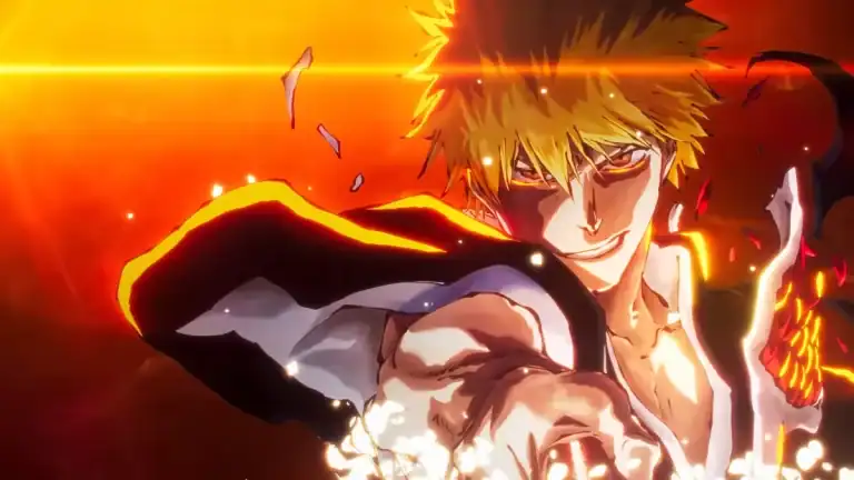 bleach-thousand-year-blood-war-part-4-the-calamity-official_bh3t1200 | The Outerhaven Anime hero with spiky blond hair and orange flame aura, pointing aggressively at the viewer in a fiery battle pose.