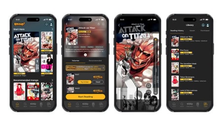 emaqi 2 | The Outerhaven Four smartphones display a dark-themed Attack on Titan app with cover art grid, reading screens, and a library list.