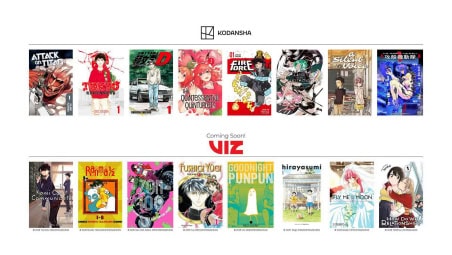 emaqi 3 | The Outerhaven Promotional banner showing two rows of manga covers from Kodansha (top) and Viz (bottom), with logos centered and 'Coming Soon!' text included.