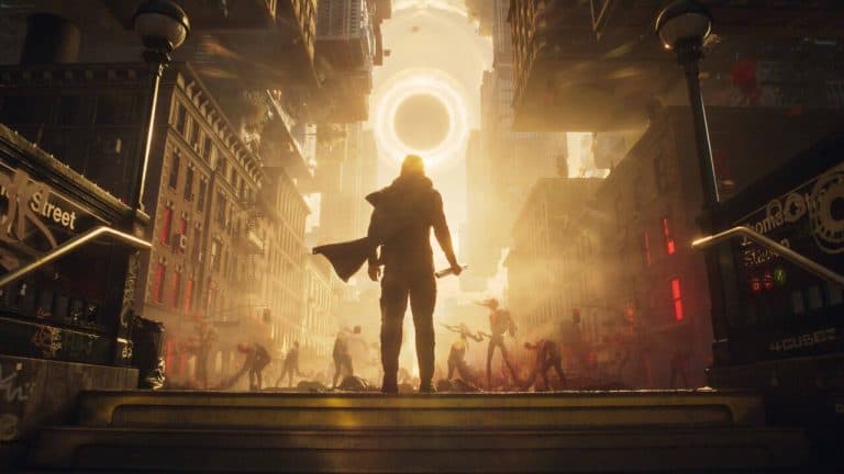 full_CTRL_R_Announce_SS_1_1 | The Outerhaven A lone figure with a cloak stands on steps in a foggy city street, facing a glowing circular portal as zombies swarm the avenue behind them.