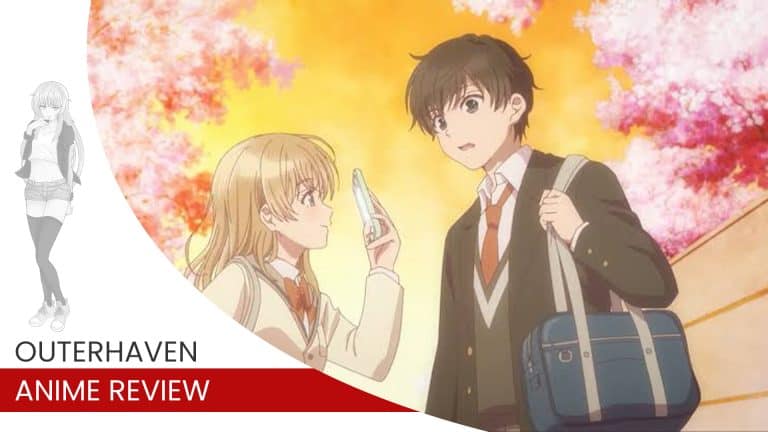 haibara | The Outerhaven Illustration of a male and female student in uniforms under cherry blossoms, with 'OUTERHAVEN ANIME REVIEW' banner text overlay.