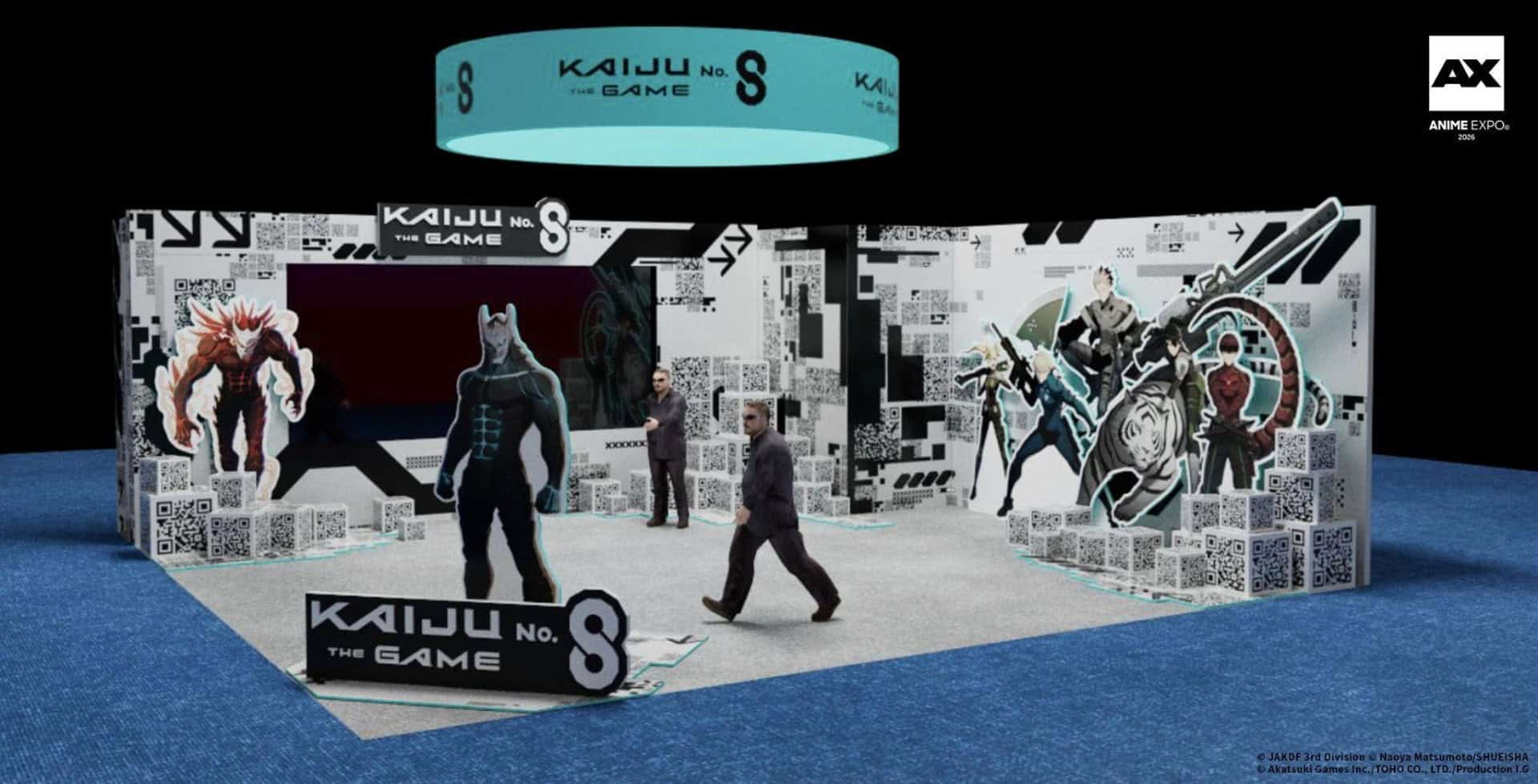 Kaiju No 8 | The Outerhaven Kaiju No. 8 game promotional booth with illustrated walls, character cutouts, and a teal overhead banner at an expo.