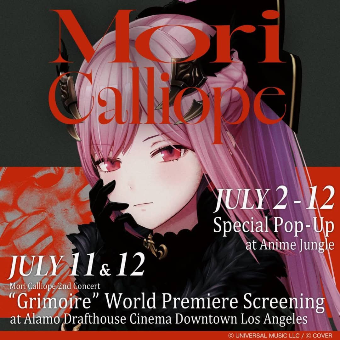 Mari Caliope | The Outerhaven Promotional poster for Mori Calliope with red title text and a pink-haired illustrated character, advertising events and dates in Los Angeles.
