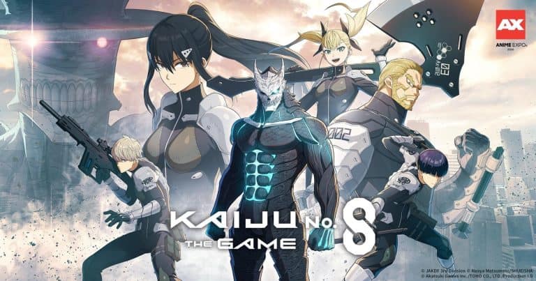 Kaiju No 8 | The Outerhaven Promotional poster for Kaijun No. 9: The Game featuring armored fighters and a giant weapon at AX Anime Expo 2026.