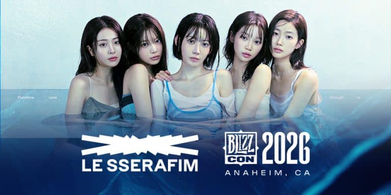 lesserafim blog 880x440 | The Outerhaven Promotional banner with five women posing in a pool, featuring the LE SSERAFIM logo and the text BUZZ CON 2026 Anaheim, CA.