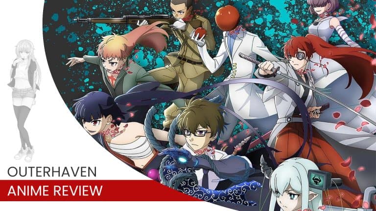 petals | The Outerhaven Dynamic group of anime characters in action with weapons, set against teal splash background and a bottom 'Outerhaven Anime Review' banner.