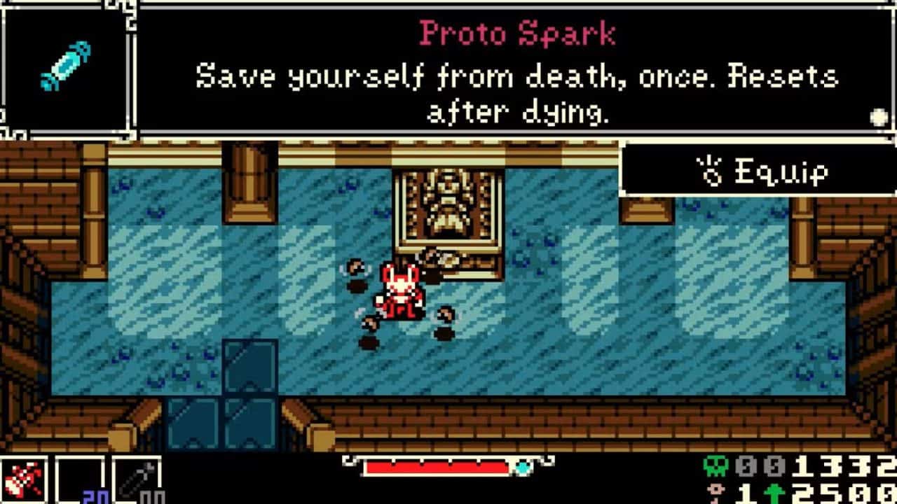 Retro pixel RPG screenshot: player character stands before a statue in a blue-tiled room, with a banner reading 'Proto Spark' and the message 'Save yourself from death, once. Resets after dying.' and an 'Equip' prompt on the right.