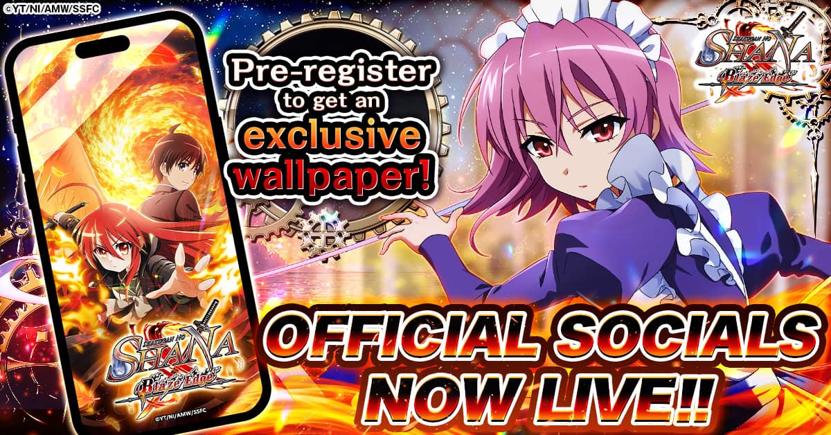 shakugan_en_ra014_1200-628 | The Outerhaven Promotional banner for Shana Blaze game: a smartphone shows in-game art beside a purple-haired character, with bold text about pre-registering for an exclusive wallpaper and official socials now live.
