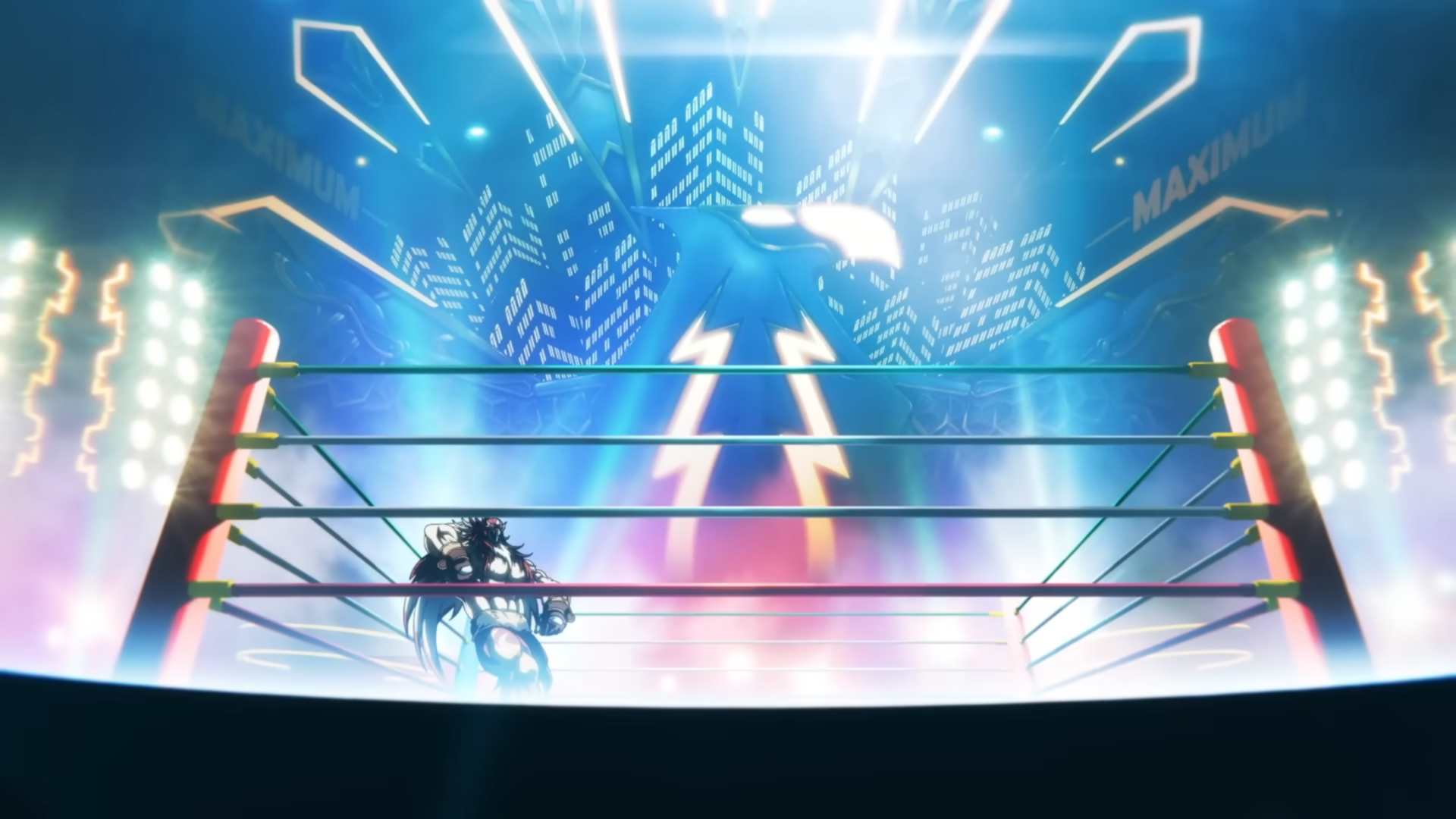 Wrestler in a neon-lit arena with a futuristic city backdrop.