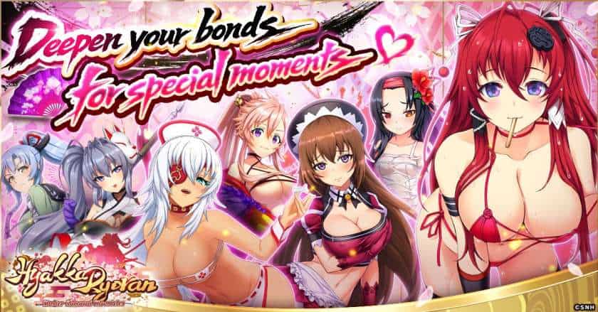 Hyakka Ryoran Master Samurai Chronicles | The Outerhaven Promotional banner for an adult anime game with several scantily clad women in bikinis and lingerie against a pink background, logo reads 'Deepen your bonds for special moments'.