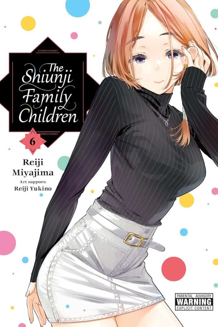 shiunji | The Outerhaven Cover of The Shiinji Family Children, Vol. 6, featuring a woman with orange hair in a black striped turtleneck and white mini skirt, with a colorful dot background.