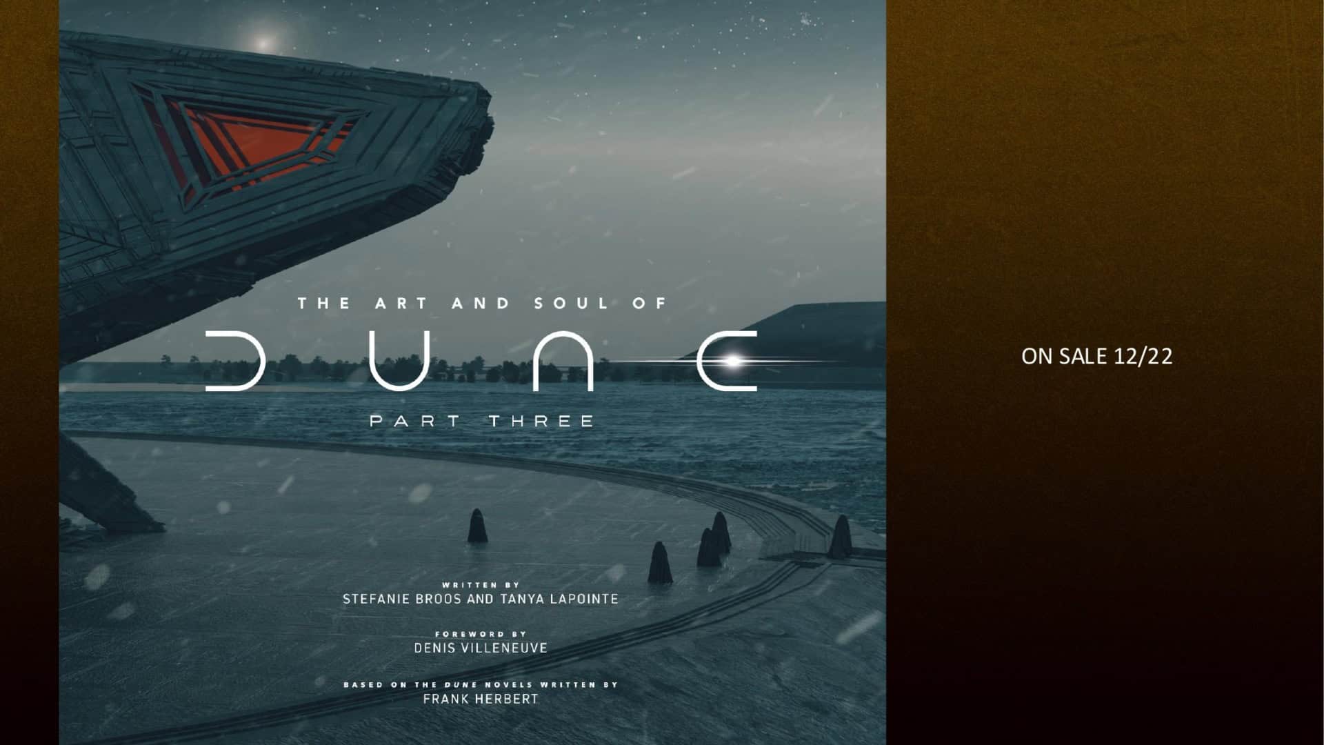 Dune | The Outerhaven Poster for Dune: Part Three featuring a towering angular structure over a desolate landscape with a starry sky and falling snow-like particles; "ON SALE 12/22" on the right side.