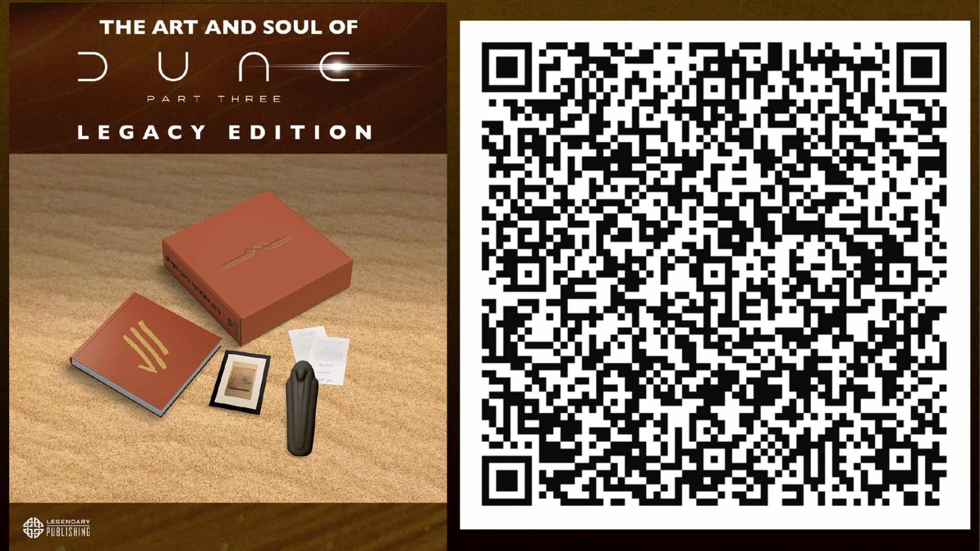 Dune | The Outerhaven Dune Part Three: Legacy Edition cover art on a sandy surface, with a red box and related papers, plus a large QR code to the right.
