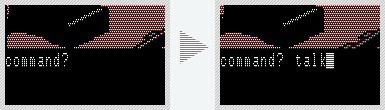 Steins Gate | The Outerhaven Two small black terminal screenshots side by side with a white 'command' prompt; a light gray divider and arrow between them suggest a before/after or comparison in a command-line interface.