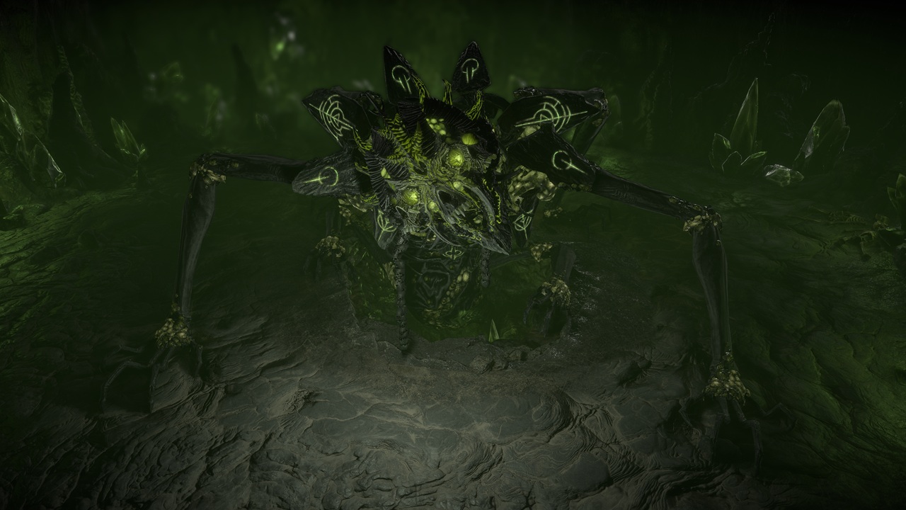 Abyss_PInnacleBoss | The Outerhaven Dark, glowing alien spider‑like machine with neon green markings in a cavernous cave.