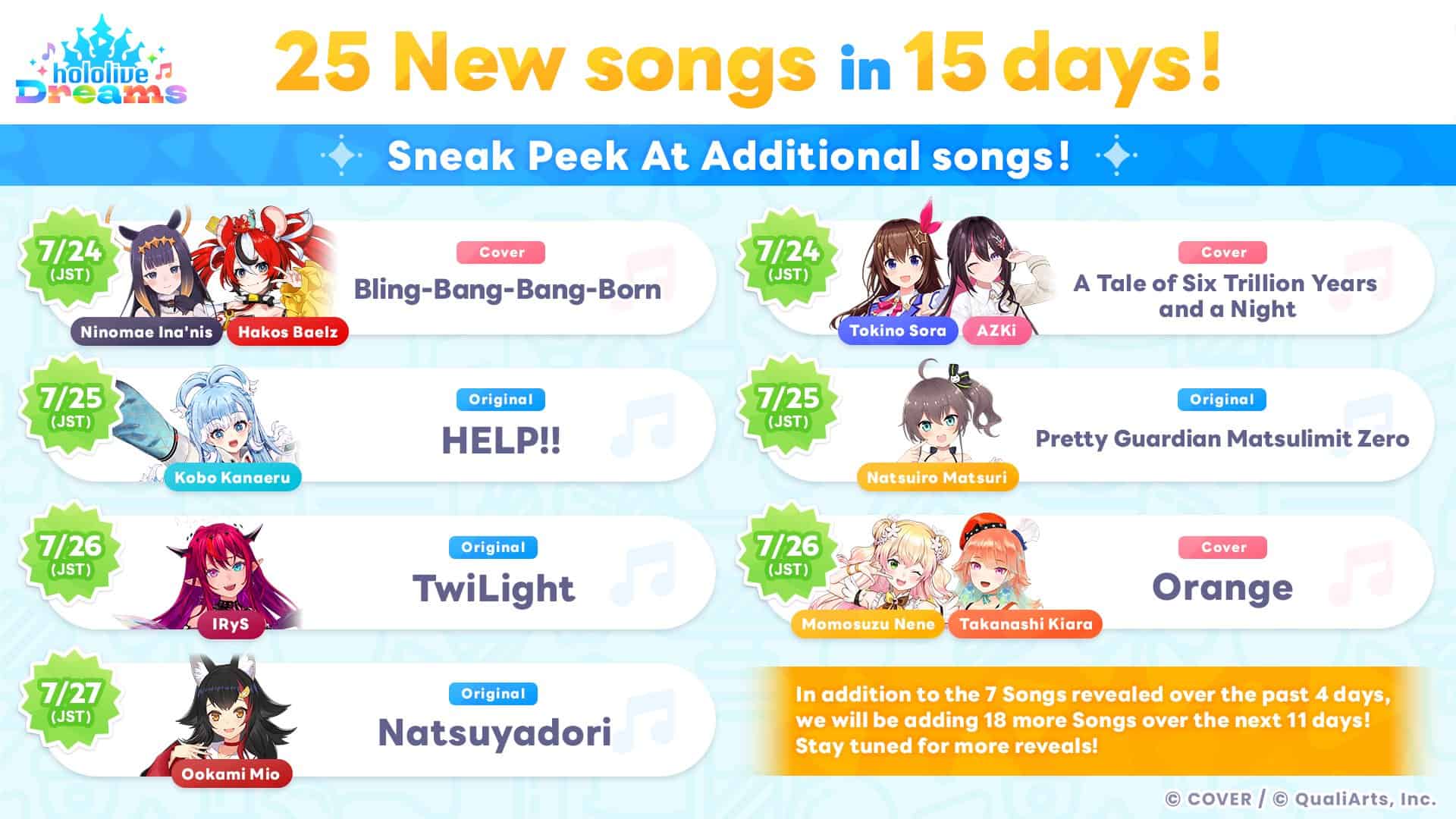 holodori songs | The Outerhaven Promotional banner announcing 25 new songs in 15 days for Hololive Dreams with schedule thumbnails and avatars.