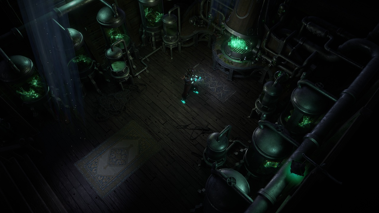 AllflameCrafting_Cinematic | The Outerhaven A dark laboratory with glowing green vats along the walls and a lone figure standing on a patterned rug in the center.