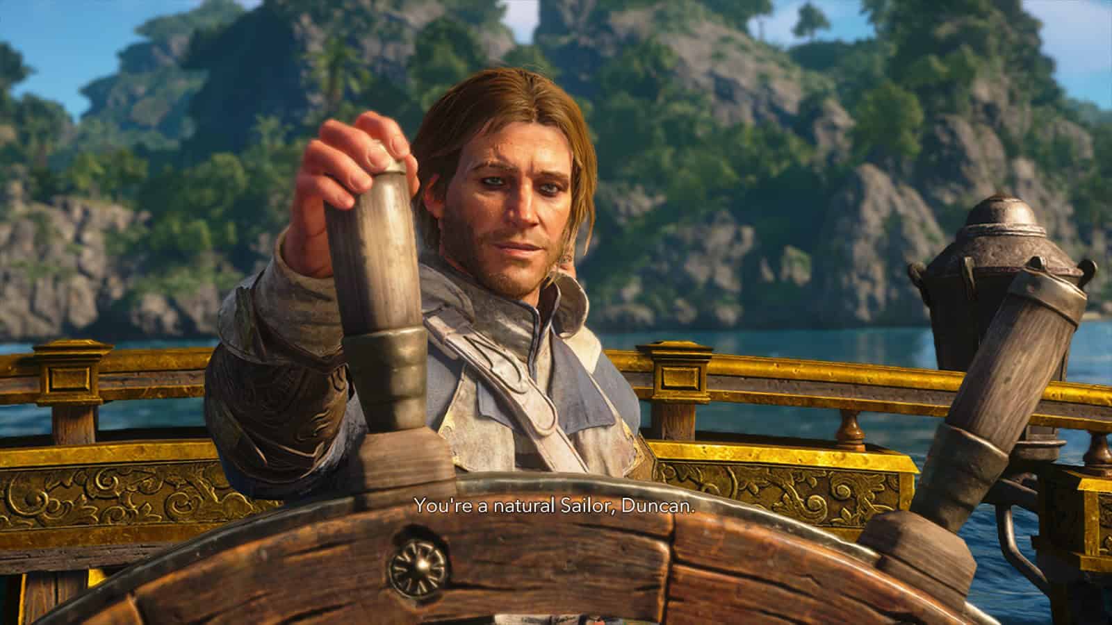 Assassins Creed Black Flag Resynced2026-7-12-15-42-48 | The Outerhaven Man with brown hair raises a metal mug from the helm of a ornately carved wooden ship, toasting on a sunny sea with rocky cliffs in the background.