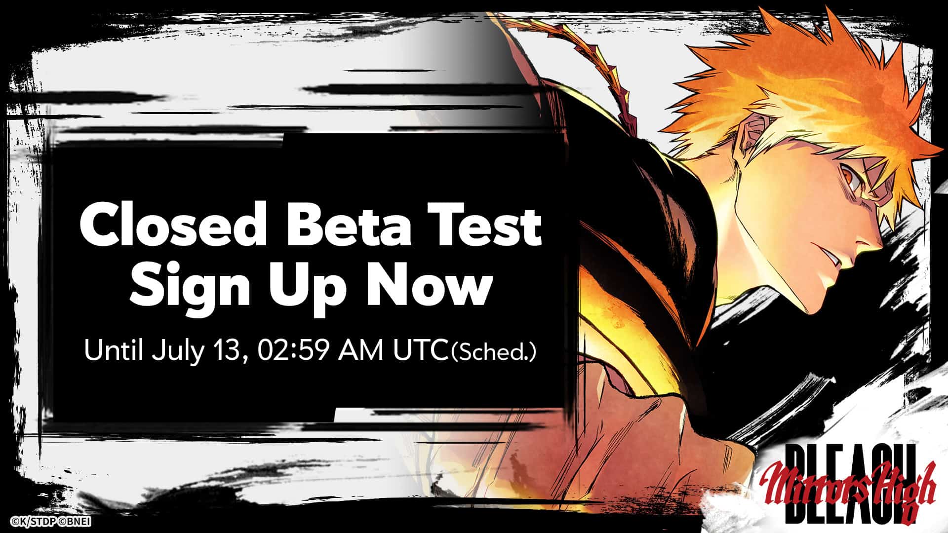 BLEACH Mirrors High - CBT 01 | The Outerhaven Promotional banner urging sign-up for a closed beta; bold text reads 'Closed Beta Test Sign Up Now' with deadline below.